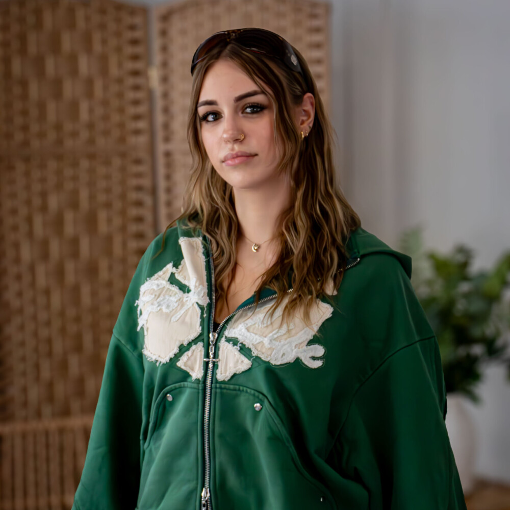 woman wearing a green enjoy life hoodie